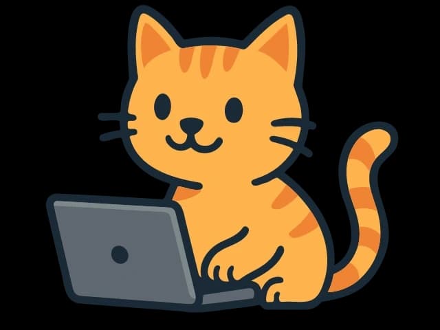 Pixel Tech cat mascot sitting with a laptop